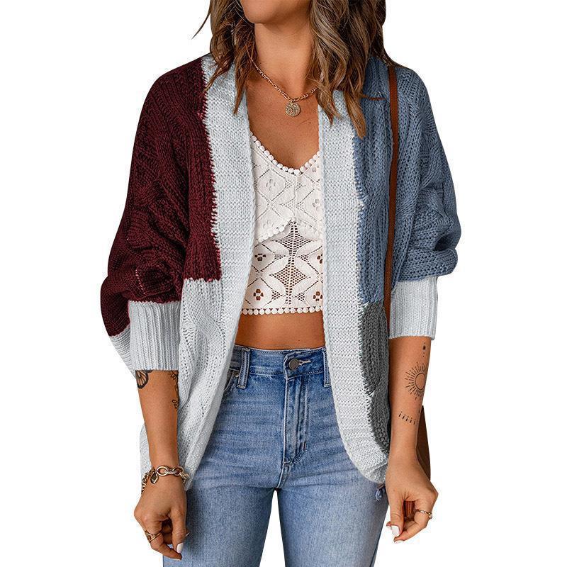 Ladies Elegant Knit Cardigan with Relaxed Fit and Chic Color Block Design