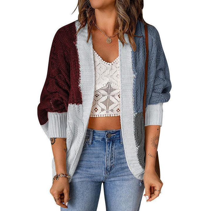Ladies Elegant Knit Cardigan with Relaxed Fit and Chic Color Block Design