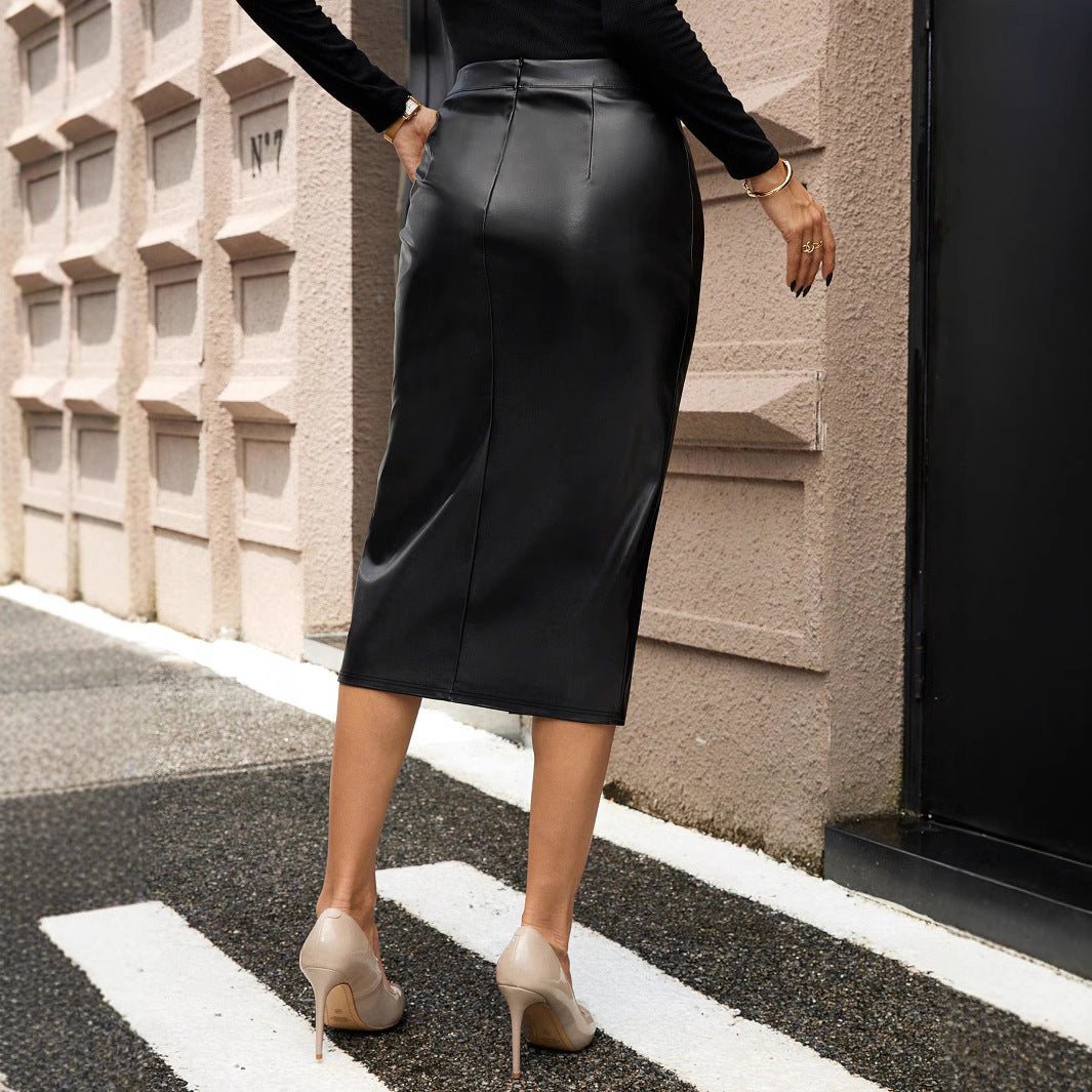 Women's Elegant Faux Leather Midi Skirt with High Slit Lune London