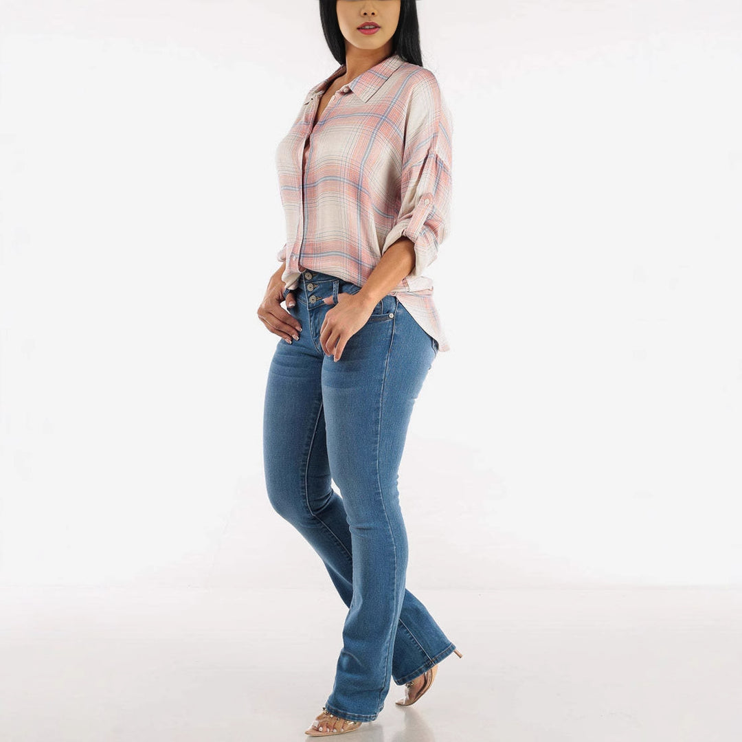 High-waisted bootcut jeans for women with button details Lune London