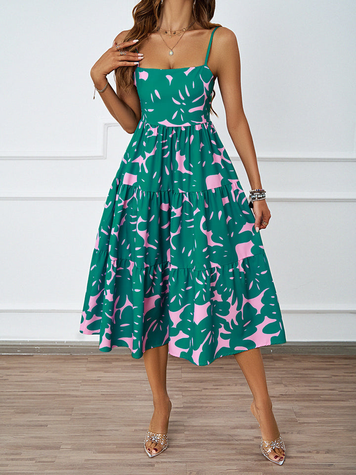 Ladies knee-length casual dress in modern layering design with colorful pattern