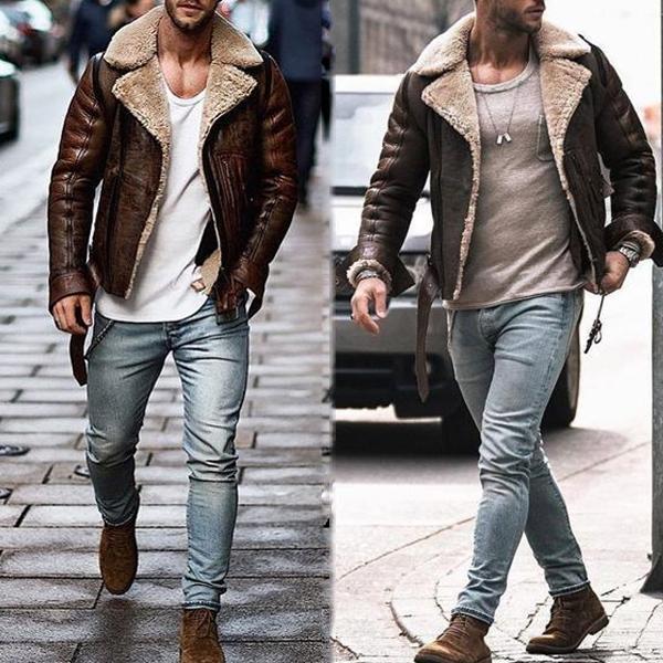 Men's leather jacket with an elegant faux fur collar Lune London
