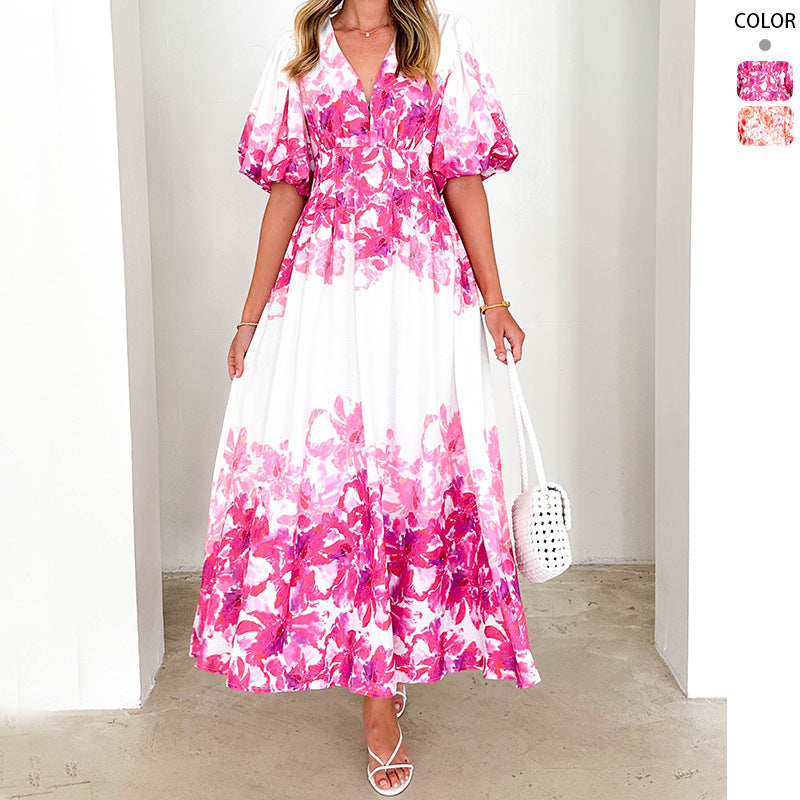 Maxi dress for women with voluminous puff sleeves and floral design Chic & Stil