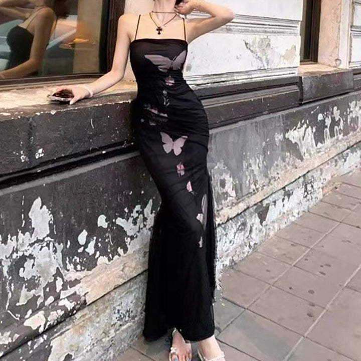 Ladies elegant wrap dress with floral butterfly print and adjustable spaghetti straps