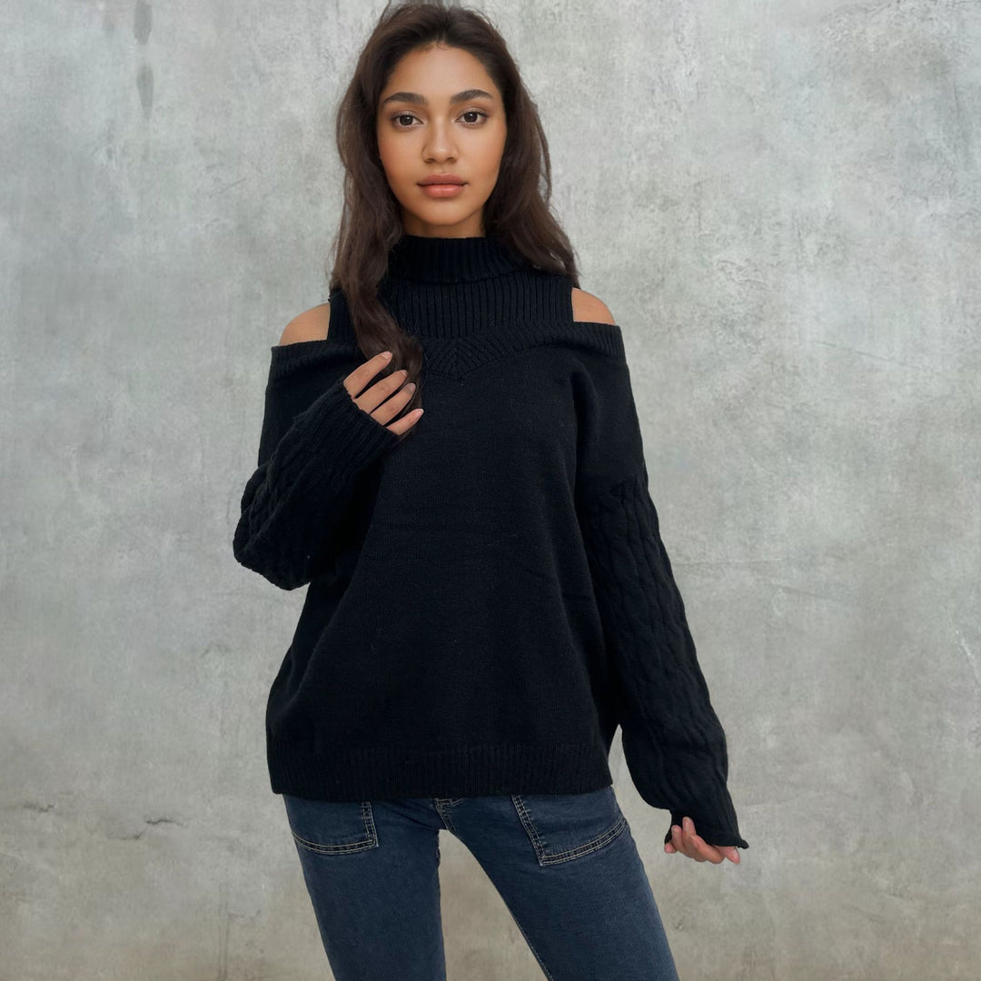 Women off-shoulder knit sweater with cable pattern and high collar Lune London
