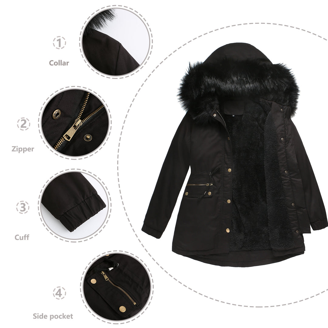 Women's insulated parka with removable faux fur collar and adjustable drawstring waist Lune London