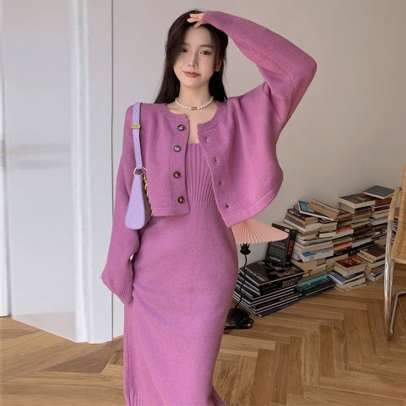 Robe tricotée pour femmes avec cardigan assorti et design à boutons Chic & Stil