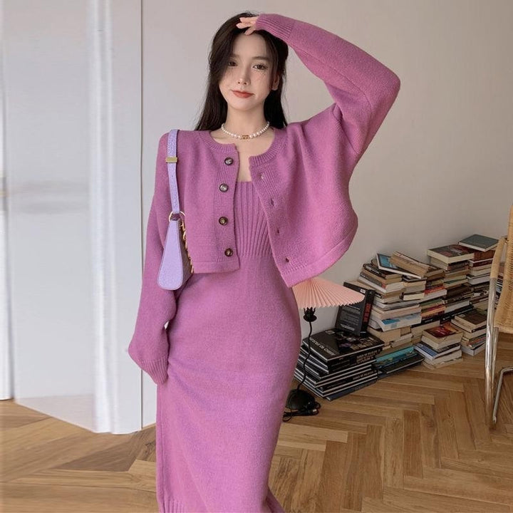 Robe tricotée pour femmes avec cardigan assorti et design à boutons Chic & Stil