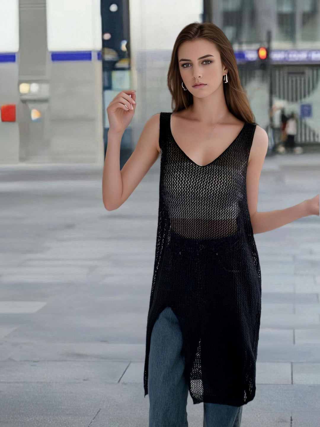 Airy knit dress for women with side slits and modern V-neck Lune London