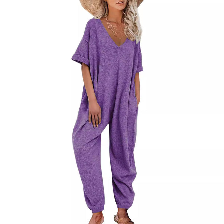 Oversized jumpsuit for women with deep V-neckline and casual pockets Lune London