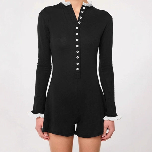 Women Elegant Long Sleeve Jumpsuit with Button Placket and Chic Ruffle Details and Style