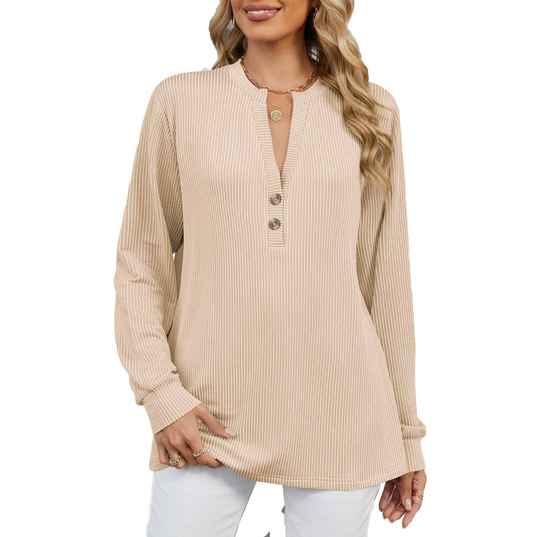 Long sleeve women's t-shirt with a trendy Henley neckline and structured ribbed texture Lune London