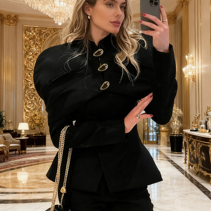 Trendy blazer jacket for women with asymmetric cut and golden button details Lune London