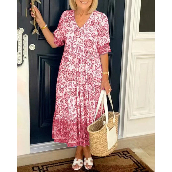 Flared dress with floral patterns for women with pleated waist Lune London