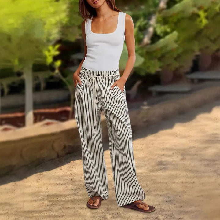 Ladies Comfortable Beach Pants with Casual Striped Pattern and Woven Belt Lune London