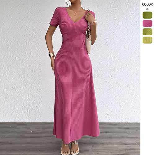 Maxi dress with long sleeves for women with elegant V neck and ribbed texture Chic & Stil