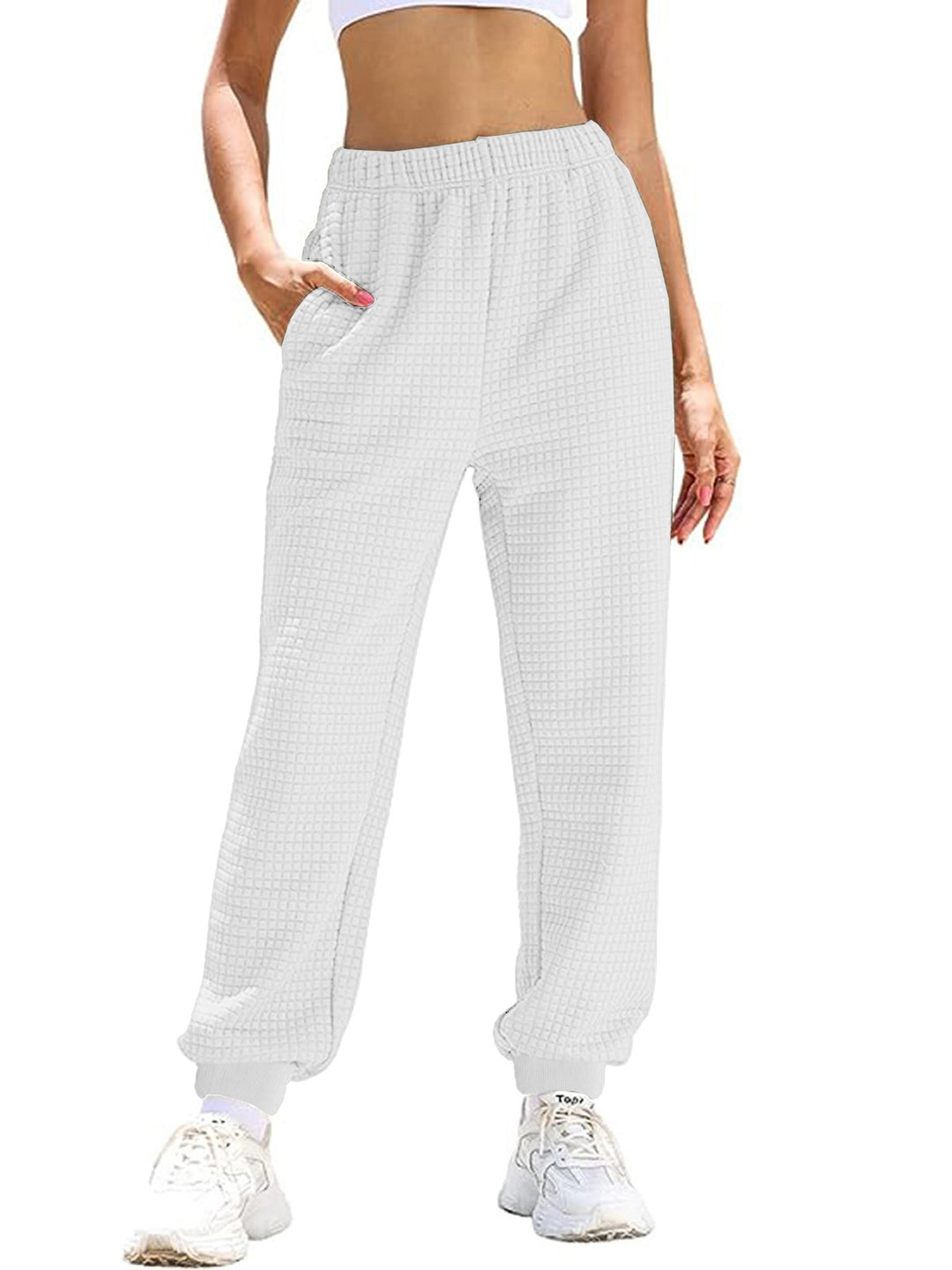Women Comfortable Waffle Texture Sweatpants with Elastic Waist and Side Pockets Lune London