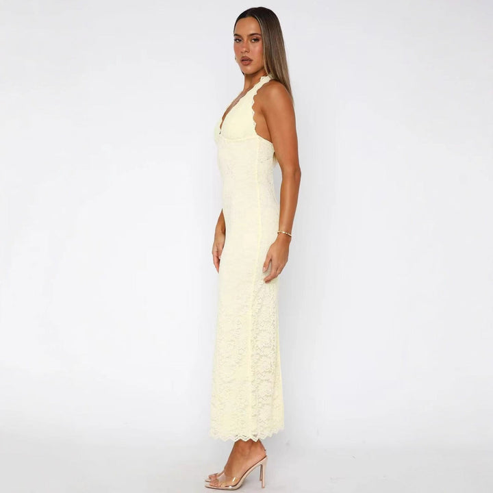 Women Elegant Lace Dress with Halterneck Design and Figure-Flattering Fit Lune London