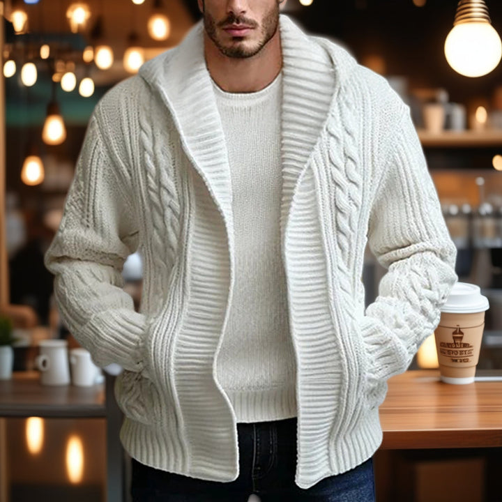 Thick knit jacket for men with wide collar and cable pattern Lune London