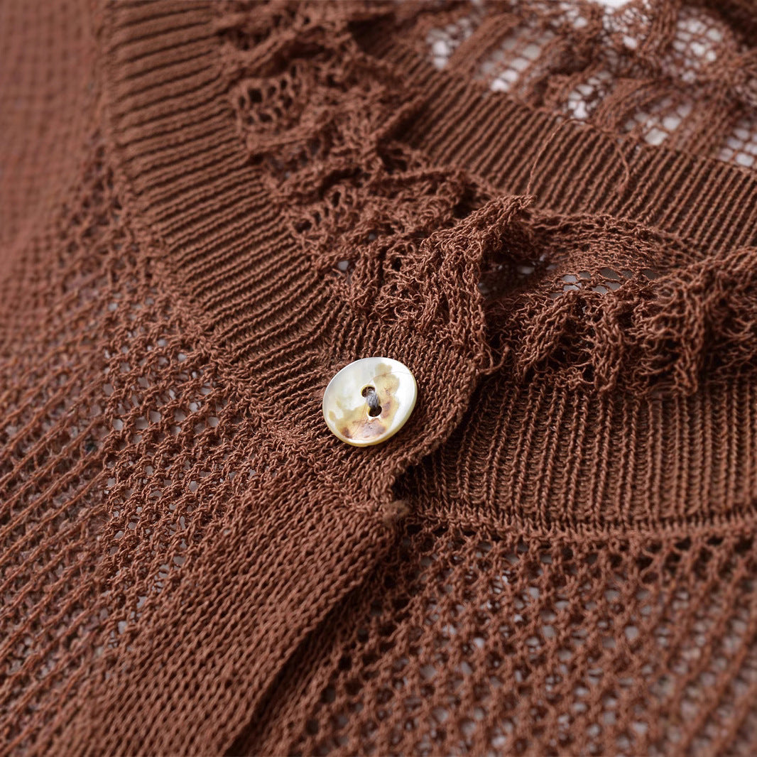 Ladies soft knit top with ruffle details and button placket Lune London