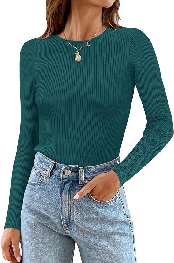 Woman Long Sleeve Ribbed Top with Classic Round Neck and Fitted Cut Lune London