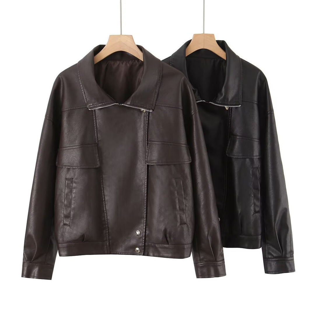 Veste en cuir synthétique à la mode pour femmes avec poches à rabat pratiques Lune London