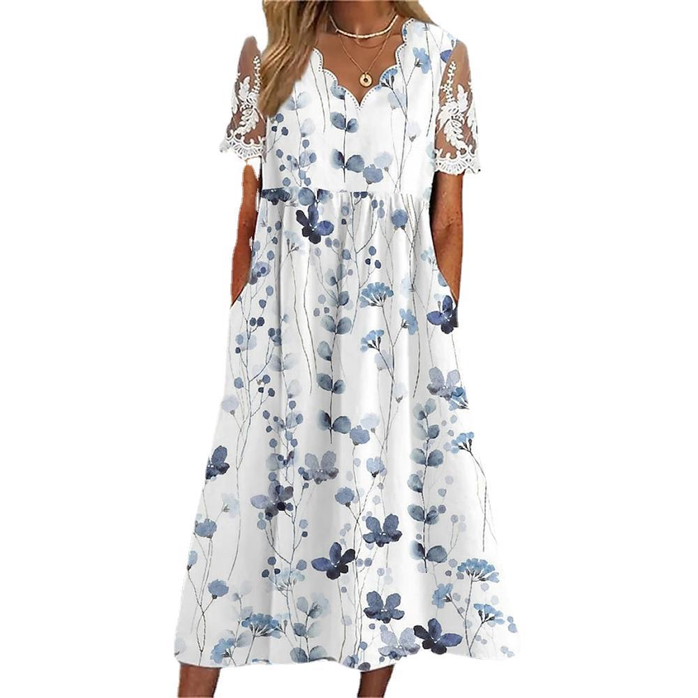Midi dress for women with floral print and lace sleeves Lune London