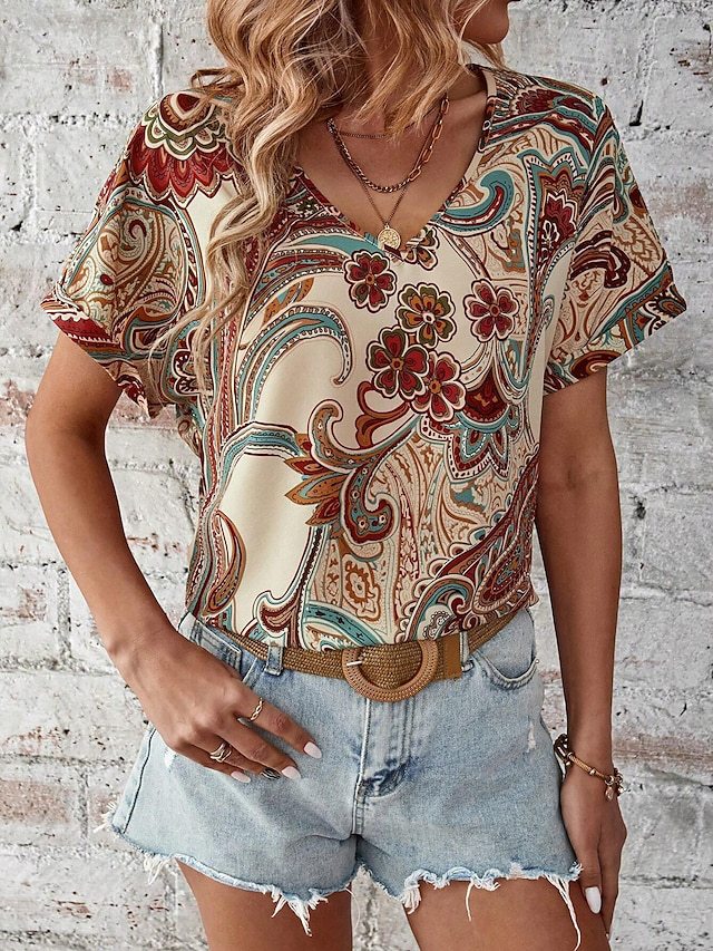 Women's V-neck T-shirt with colorful paisley pattern Lune London