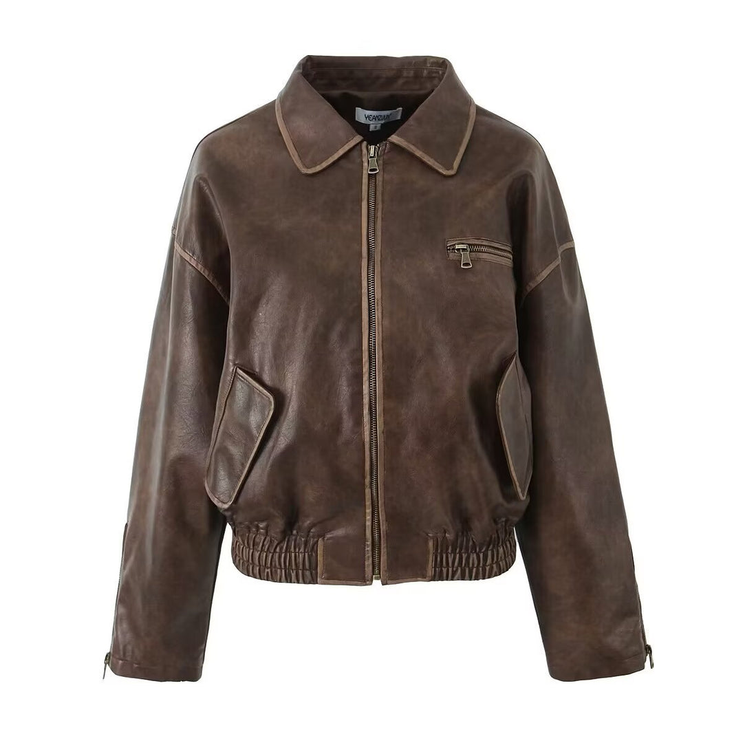 Leather jacket for ladies with a modern design featuring practical zippered pockets Lune London