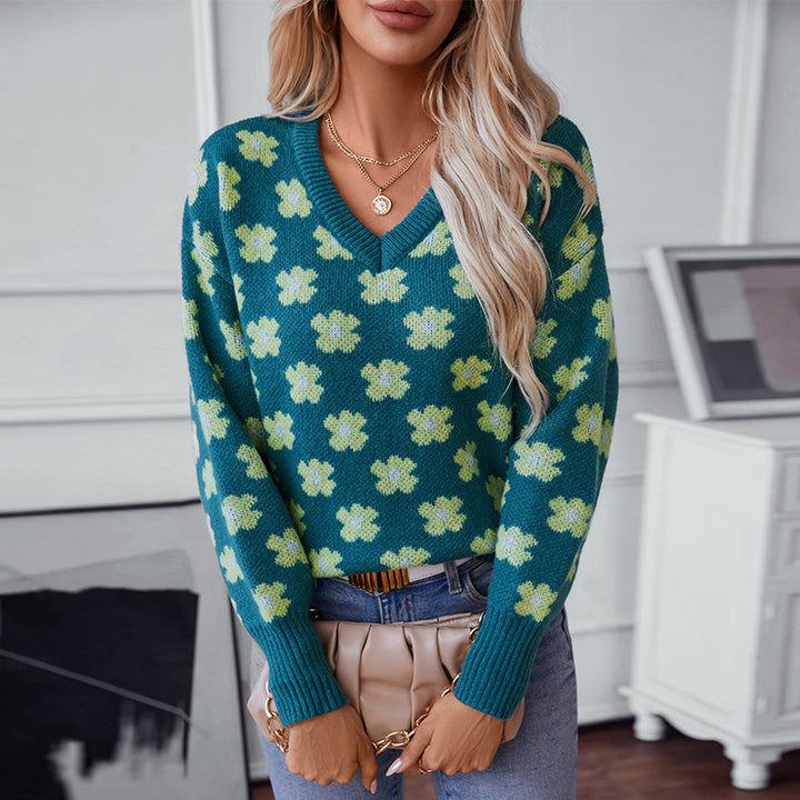 Knit sweater for women with floral pattern and V-neck Lune London