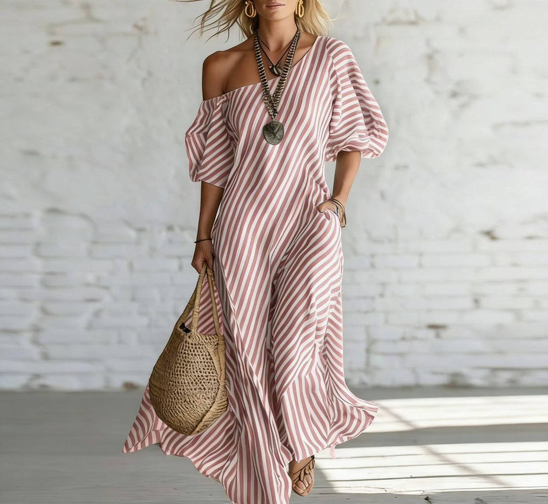 Women's maxi dress with asymmetric cut and striking stripes Lune London