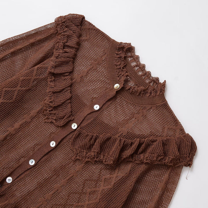 Elegant knit jacket for women with ruffles and buttonhole Lune London