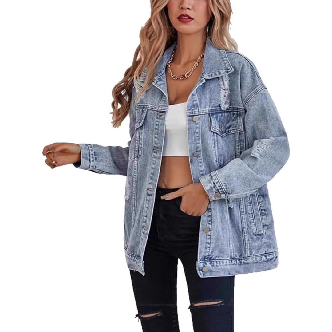 Veste en jean surdimensionnée pour femmes avec des détails déchirés à la mode Chic & Stil