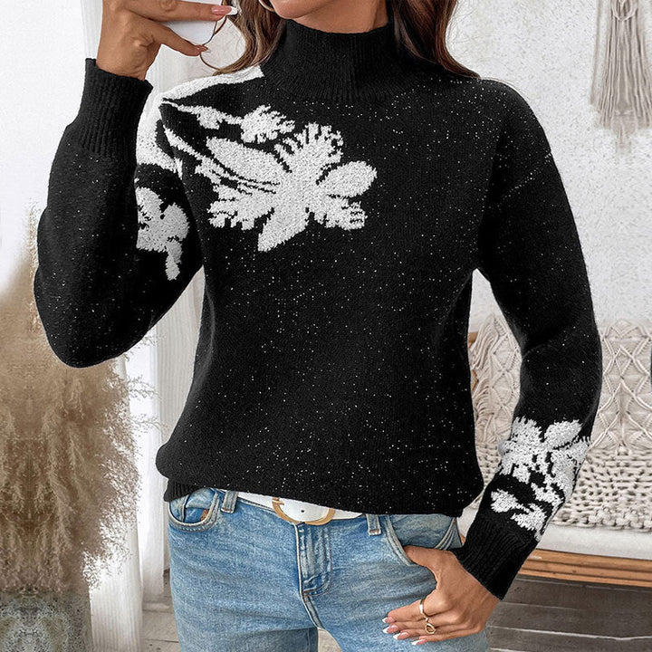 Women's Knitted Sweater with Floral Pattern and High Collar Lune London