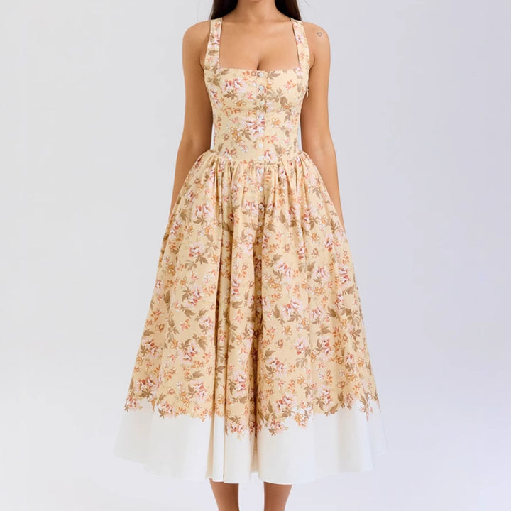 Chic & Stil Elegant Floral Pattern Midi Dress with Fine Straps