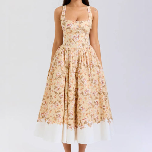 Chic & Stil Elegant Floral Pattern Midi Dress with Fine Straps