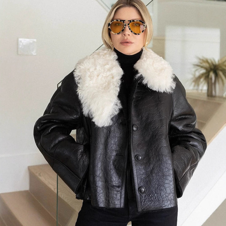 Luxurious synthetic leather jacket for women with faux fur collar Lune London