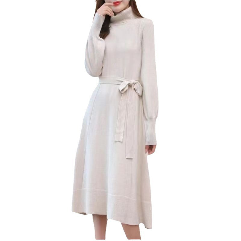 Knitted dress for women with high collar and belt at the waist Lune London