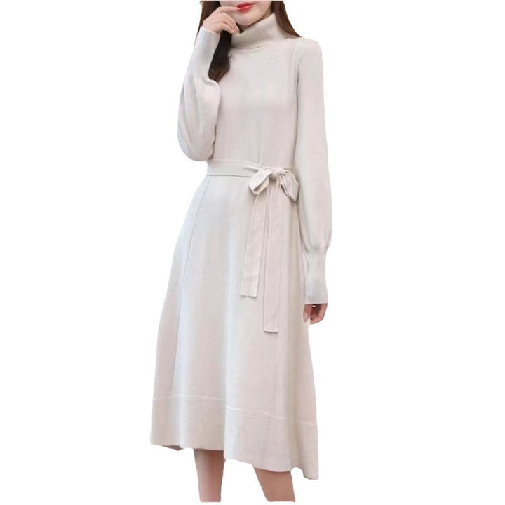 Knitted dress for women with high collar and belt at the waist Lune London