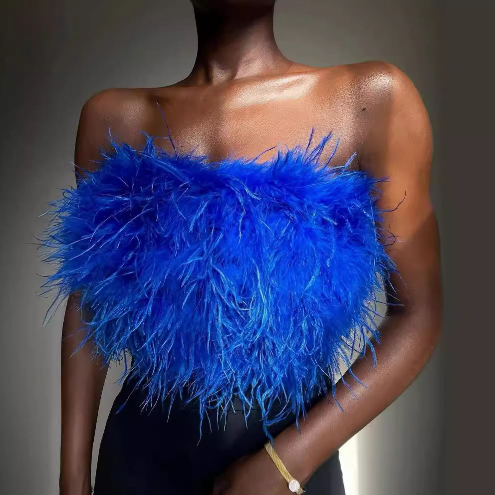 Women's Glamorous Plush Top with Removable Straps and Fringed Details Lune London