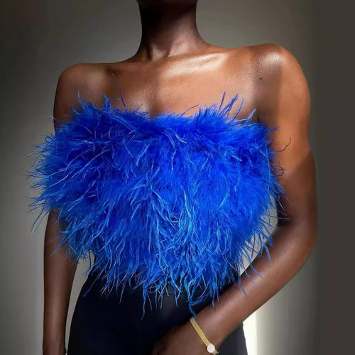 Women's Glamorous Plush Top with Removable Straps and Fringed Details Lune London