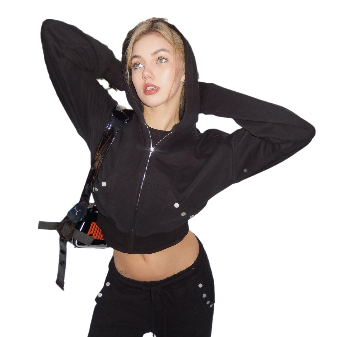 Ladies sweat-crop hoodie with innovative snap button details Lune London