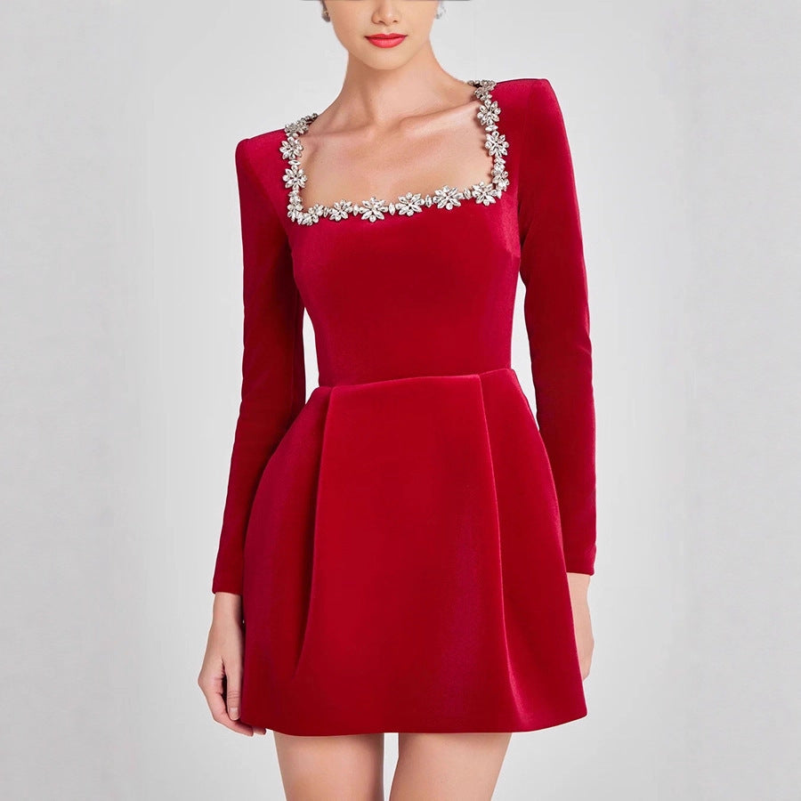 Women Elegant Velvet Dress with Floral Applications and Boat Neck Lune London
