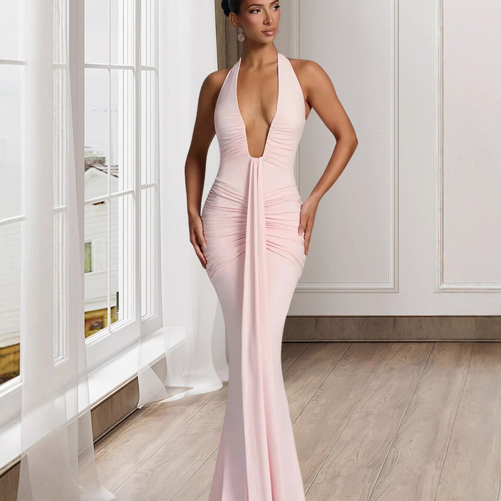 Ladies Elegant Wrap Dress with Deep V-Neck and Flowing Skirt