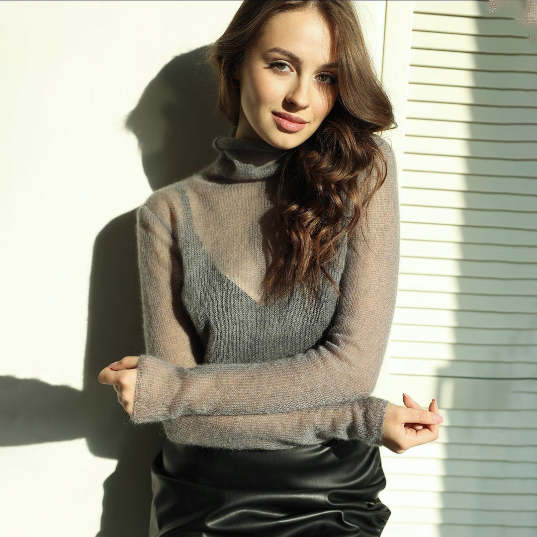 Elegant knitted sweater for women with V-neck and high collar Lune London