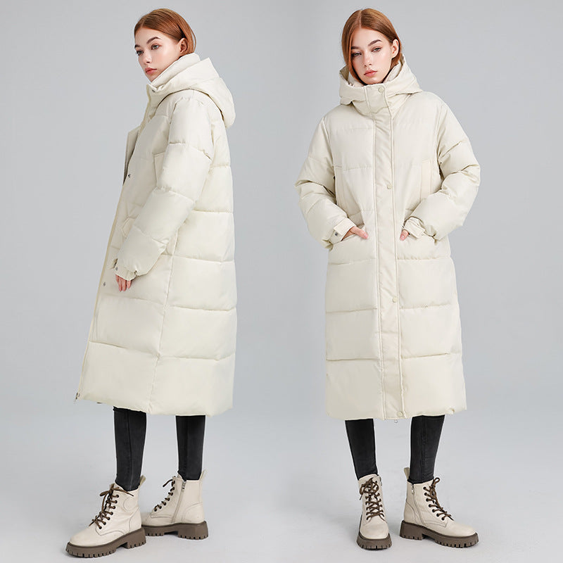 Ladies long insulated winter jacket with hood and zip-up collar Lune London