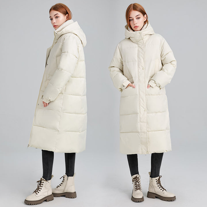 Ladies long insulated winter jacket with hood and zip-up collar Lune London