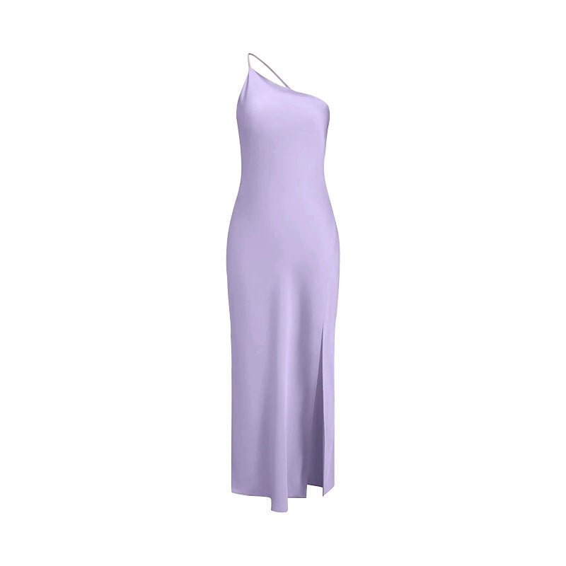 Maxi dress for ladies with asymmetric neckline and high slit Lune London