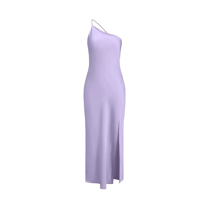 Maxi dress for ladies with asymmetric neckline and high slit Lune London
