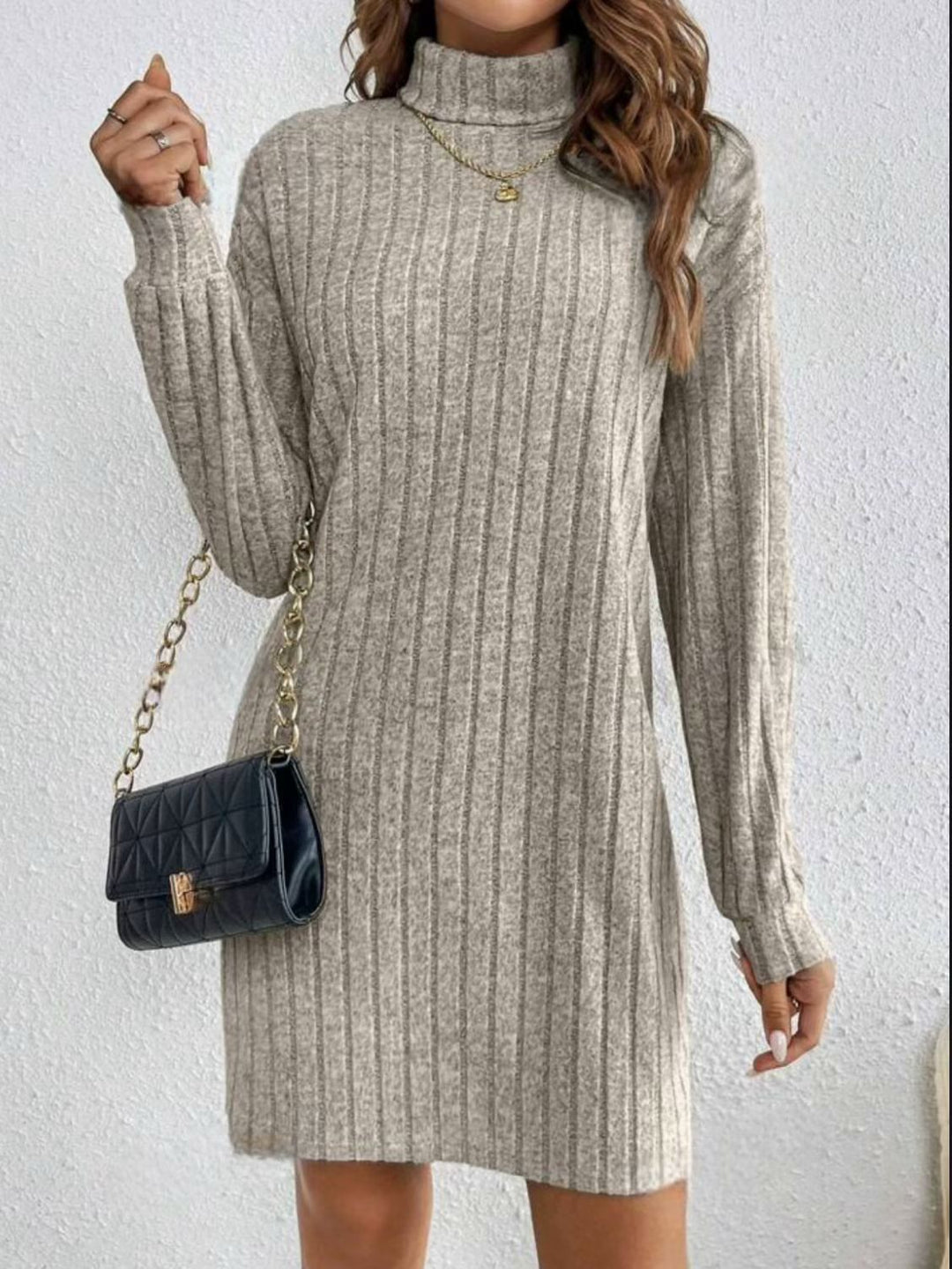Knit dress for women with turtleneck and ribbed pattern Lune London